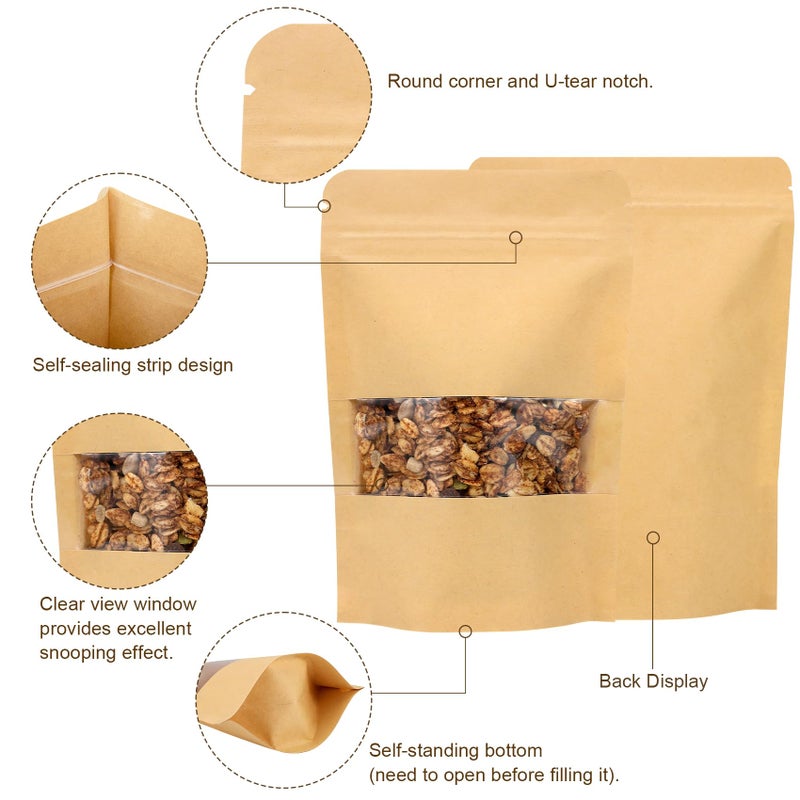 Blisstime 50 Pack Kraft Paper Stand Up Pouch Bags, Resealable Bag with Transparent Window and Tear Notch for Multipurpose Storage (6 X 8.6 Inches) - Image 3